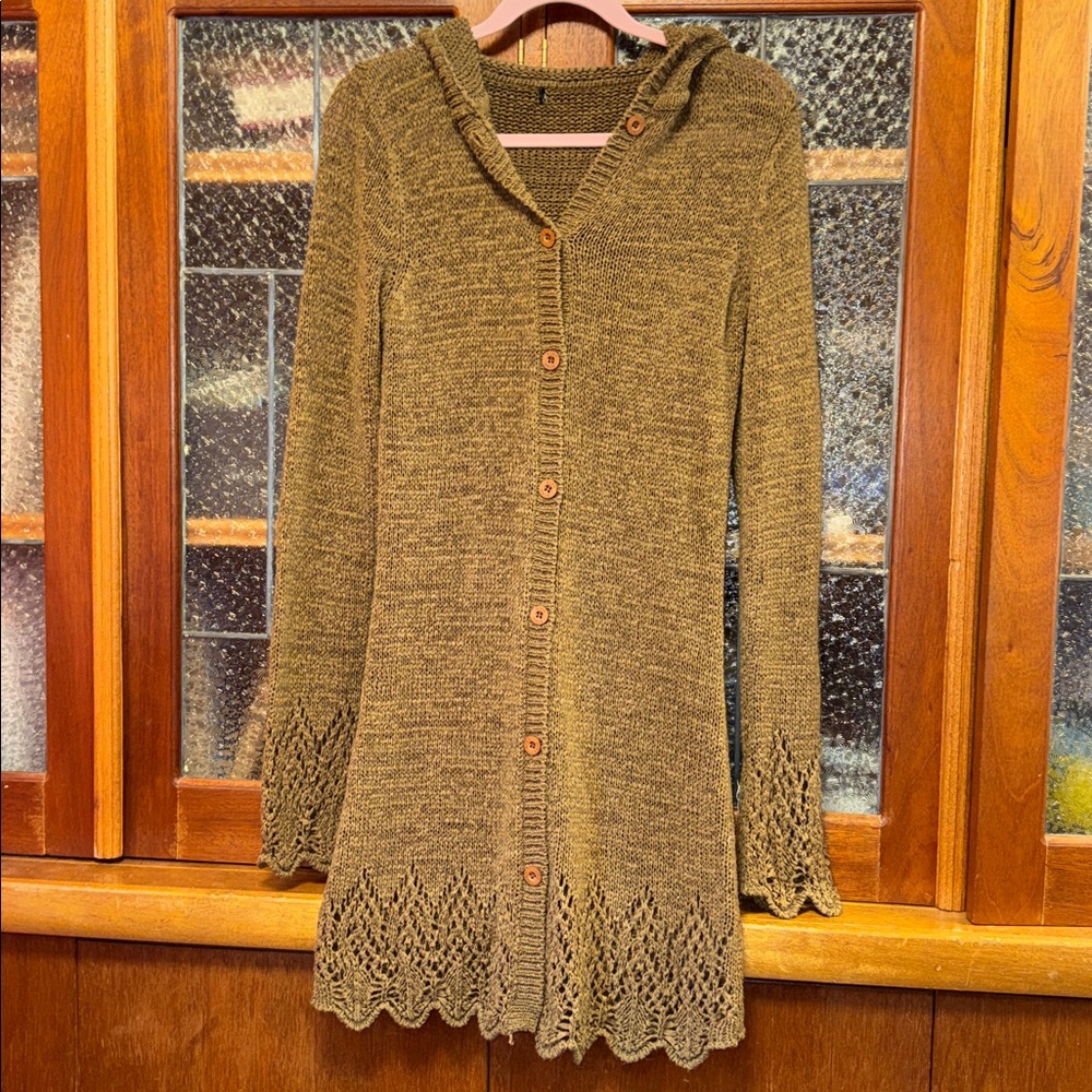BCBG Hooded Women's Longline Crochet Duster Cardigan Olive Size Medium
